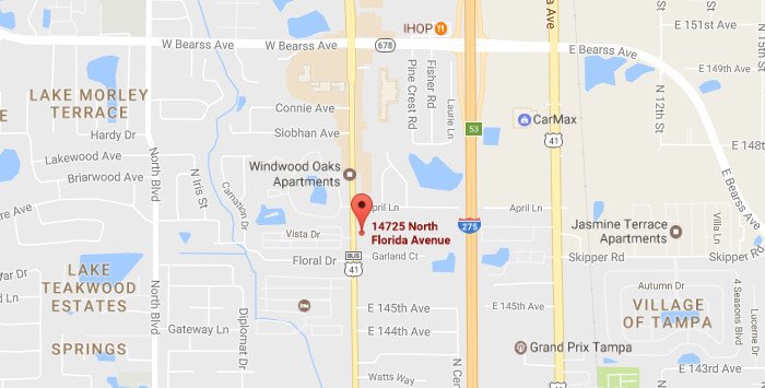 Map of North Tampa showing CK Automotive at 14725 North Florida Avenue, just south of Bearss Avenue near I-275